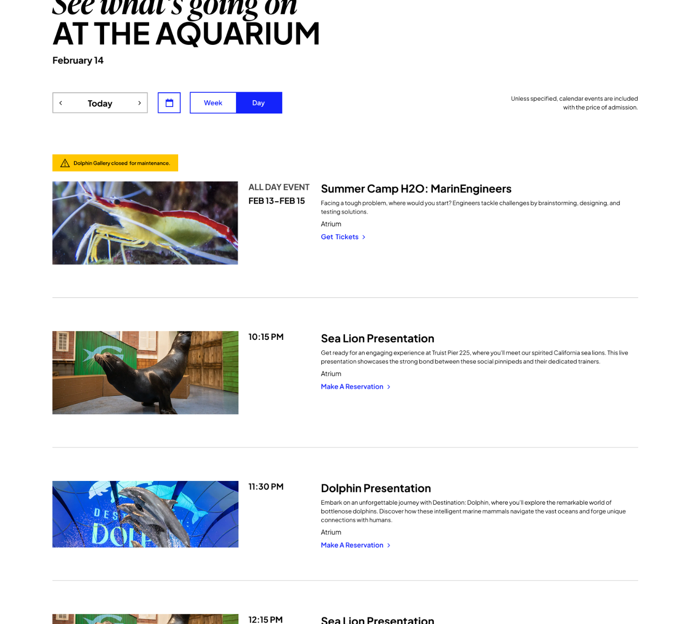 Day view: events listed in chronological order, each with a photograph, start time, title, description, location, and either a ticket or reservation action.