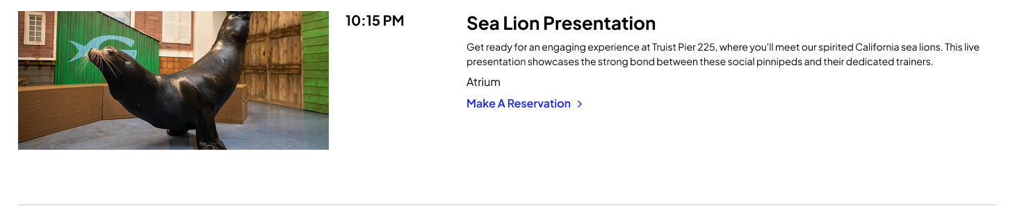 A single day-view event row: photograph, start time, title, description, location, and a reservation link.
