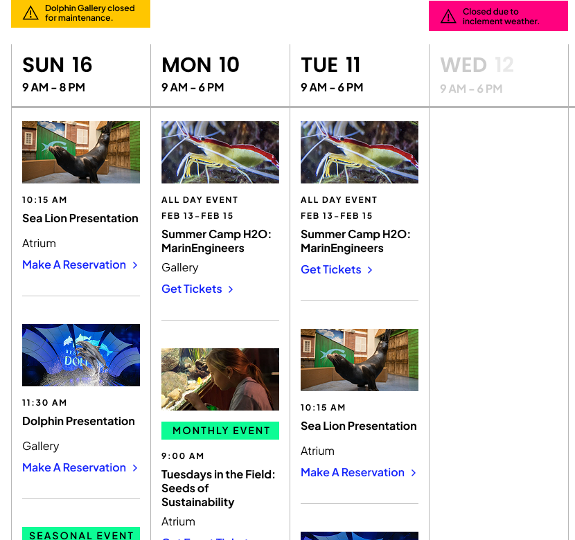 Weekly schedule view: seven day columns with operating hours, recurring presentations, event-type labels, and two day-specific operational notices.