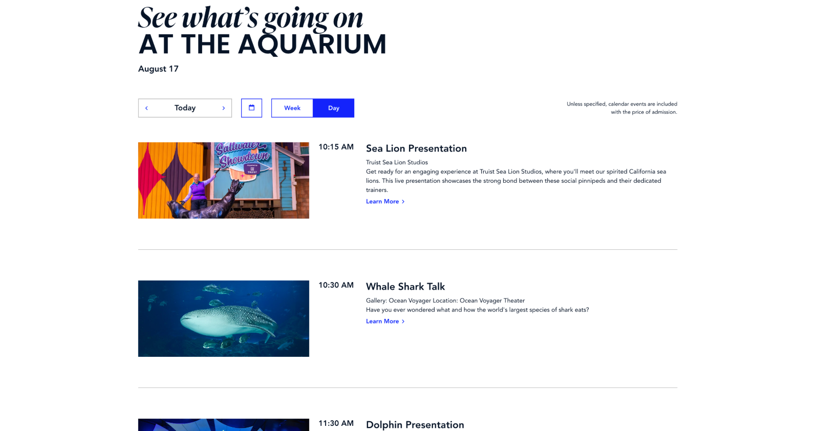 Desktop day view: each event row places its image, start time, and full description side by side across the width of the page.