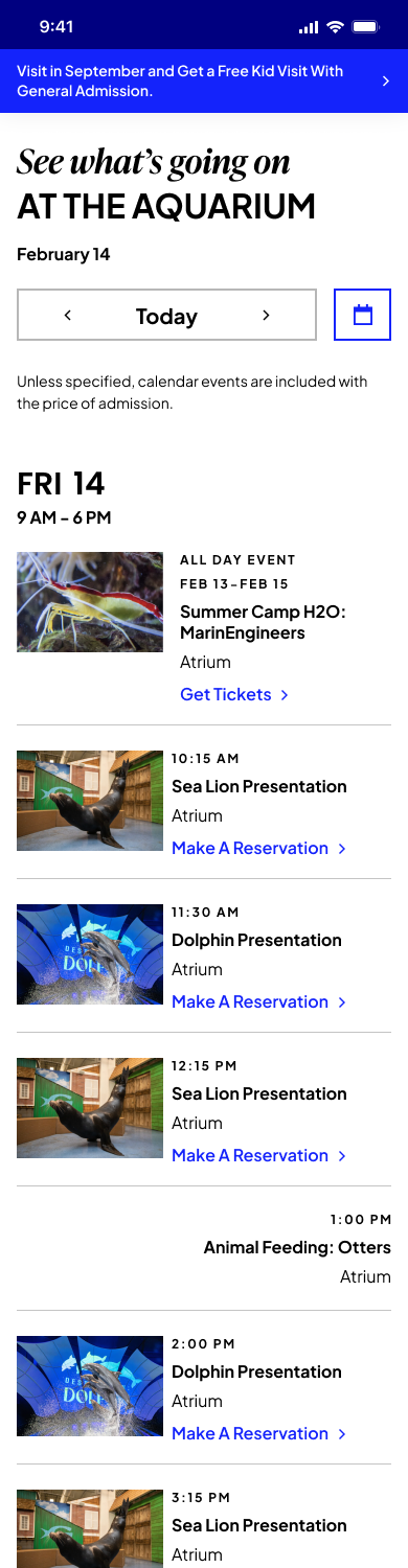 Mobile day view: a compact chronological list where each event leads with its time, then title, location, and reservation action.