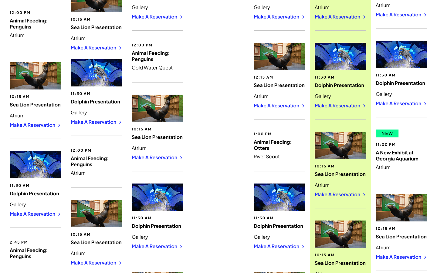 Week view detail: parallel day columns of recurring presentations with time, gallery location, and reservation link, letting a visitor compare how busy each day is.