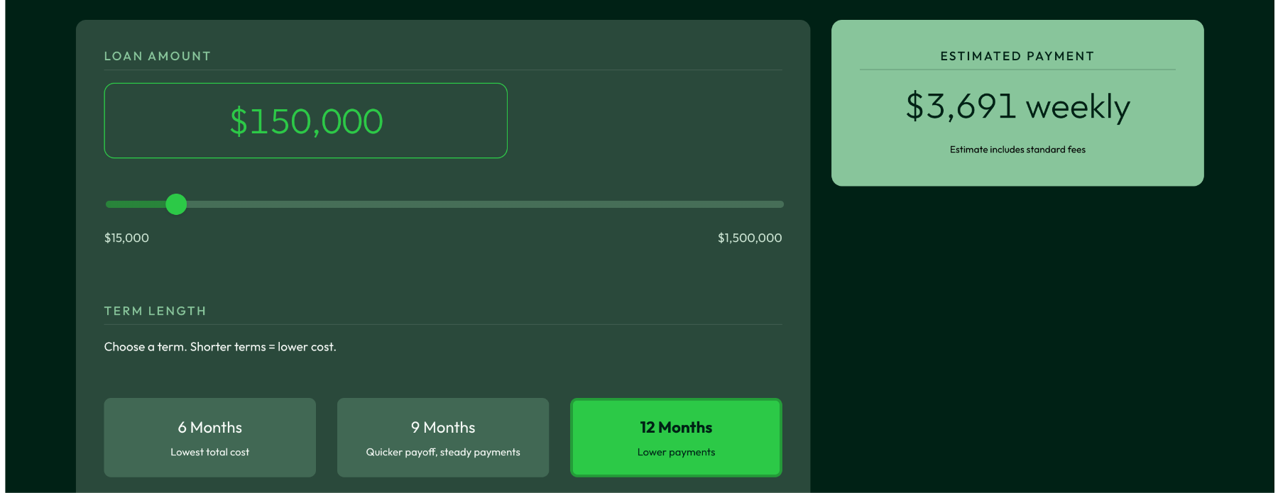 Crop of the launched desktop calculator showing the loan amount field, slider, term length options, and the estimated weekly payment panel.