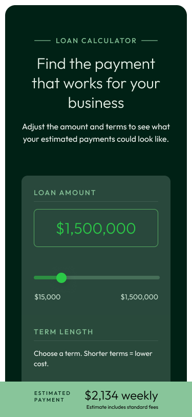 Launched calculator on a phone: loan amount, slider, term length, and a sticky estimated payment bar pinned to the bottom of the screen.