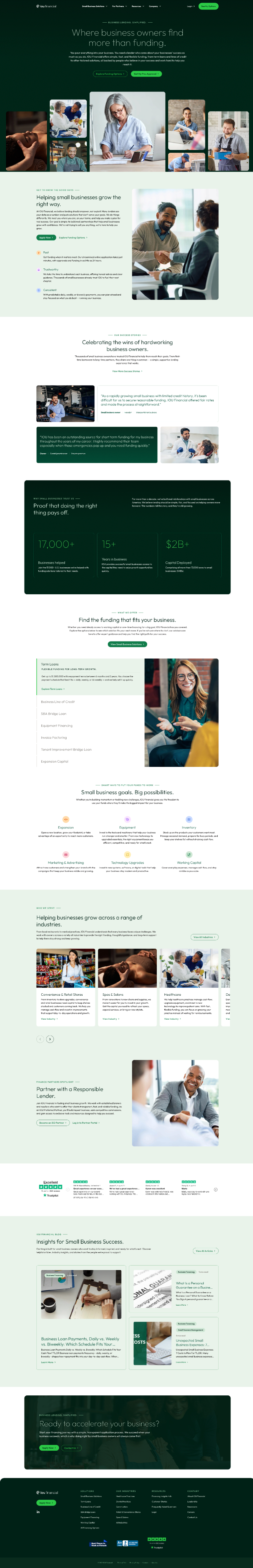 Full-page view of the launched homepage at reduced scale, running from the hero and audience orientation through customer evidence, a financing options list, business goals, industries, partner content, reviews, articles, and a closing call to action.