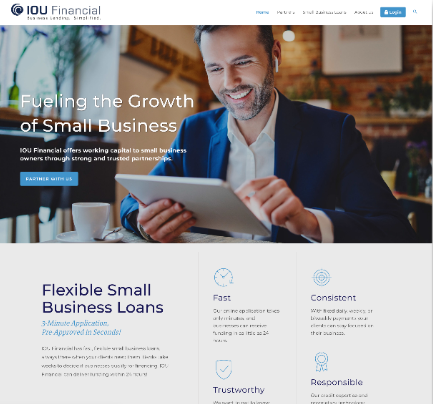 Capture of the primary brand site: a photographic hero about fueling the growth of small business with a partner call to action, a utility navigation bar with a login, and a value proposition band of four attribute tiles.
