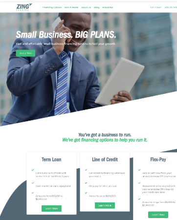Capture of the direct retail lending site: a photographic hero with a headline about small business and big plans, a single row of top navigation, and three side-by-side financing product cards for a term loan, a line of credit, and a flexible payment option.