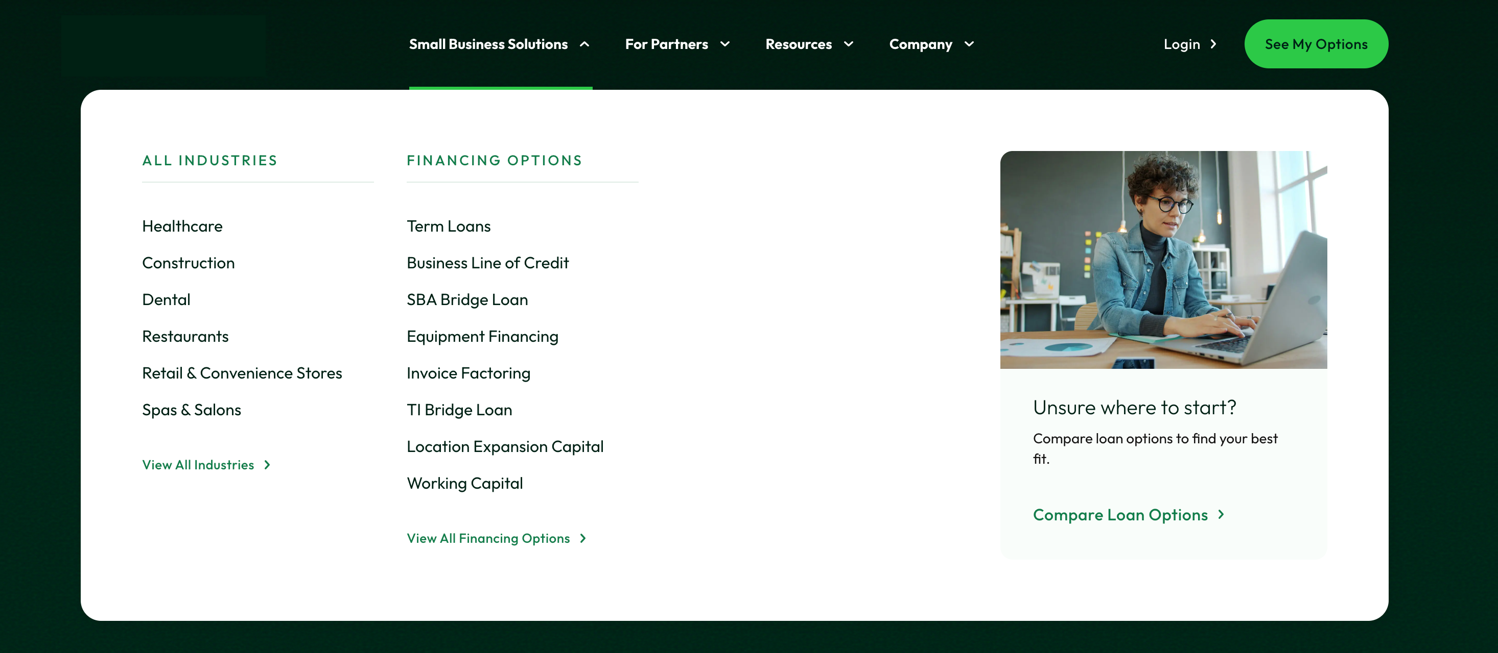 Launched menu with industries and financing options columns and a compare loan options panel for visitors unsure where to start.