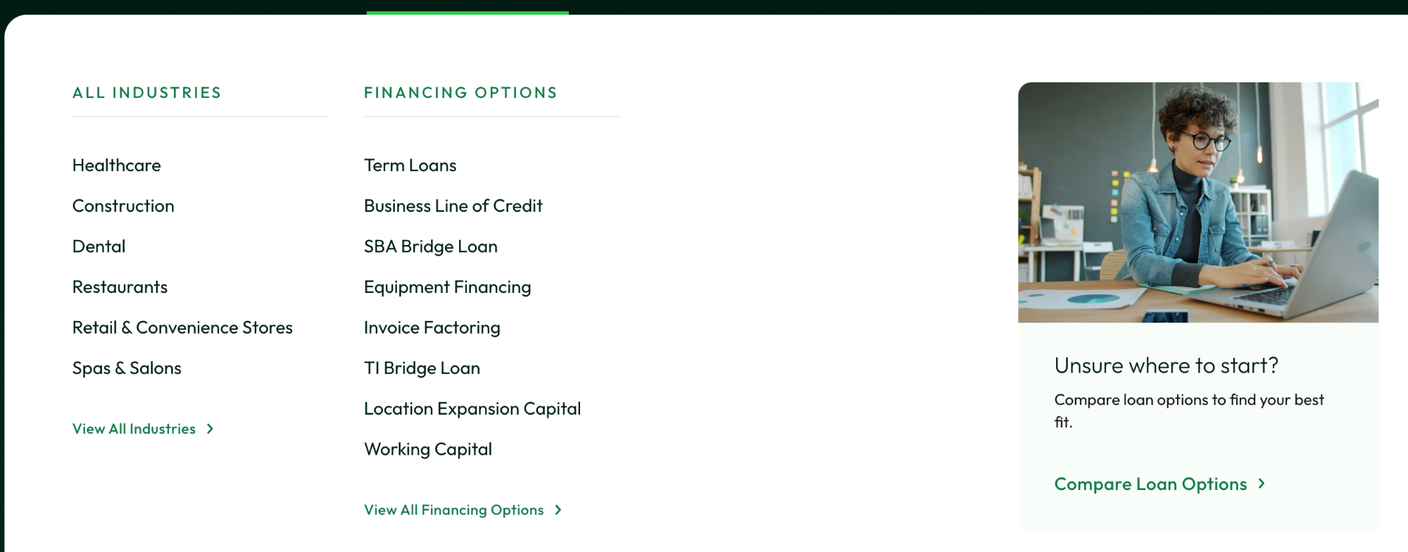 Crop of the launched menu panel: an all industries column, a financing options column, and a panel inviting visitors who are unsure where to start to compare loan options.