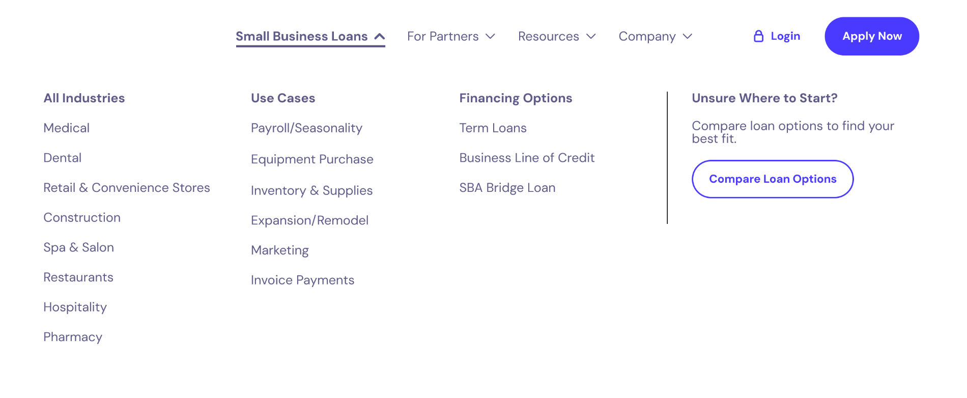 My wireframe of the Small Business Solutions menu: three columns for all industries, use cases, and financing options, beside a guided panel asking whether the visitor is unsure where to start.