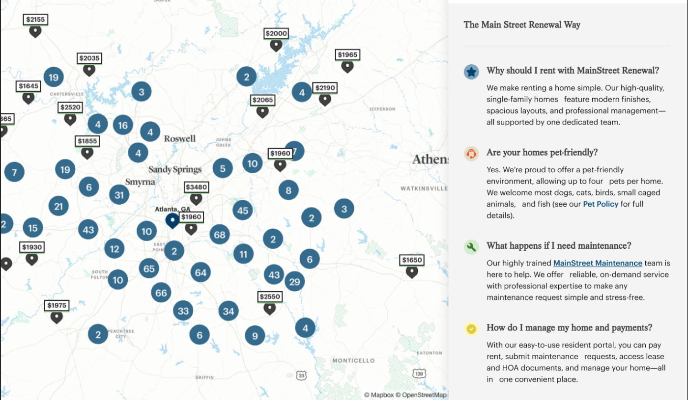 Search and location concept scrolled further: the same regional map holds its position while the right rail moves from local highlights into a frequently asked questions block covering why to rent here, pet policy, maintenance, and managing payments.