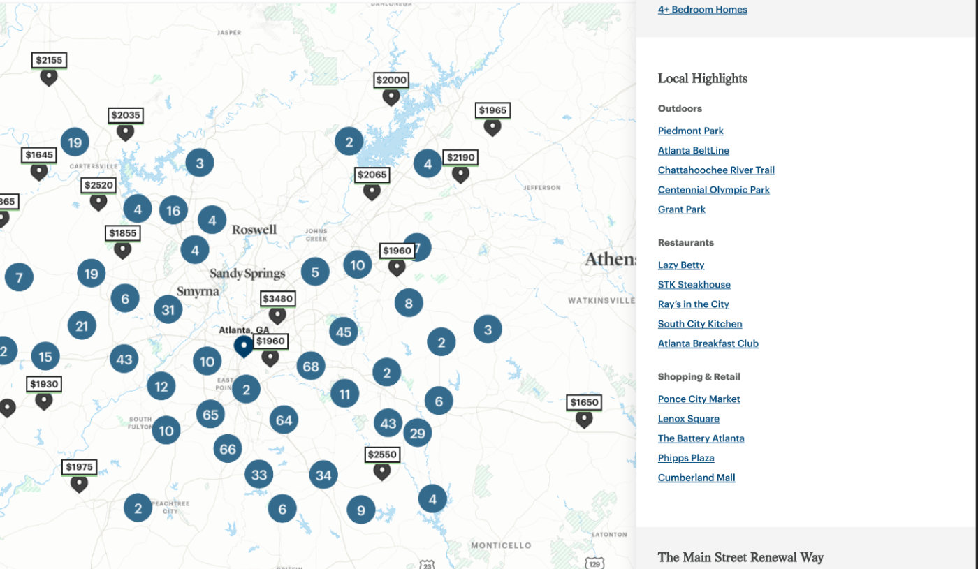 Search and location concept: a regional map with clustered home counts and priced pins around a labelled city centre, beside a results rail listing bedroom-count shortcuts and local highlights grouped into outdoors, restaurants, and shopping.