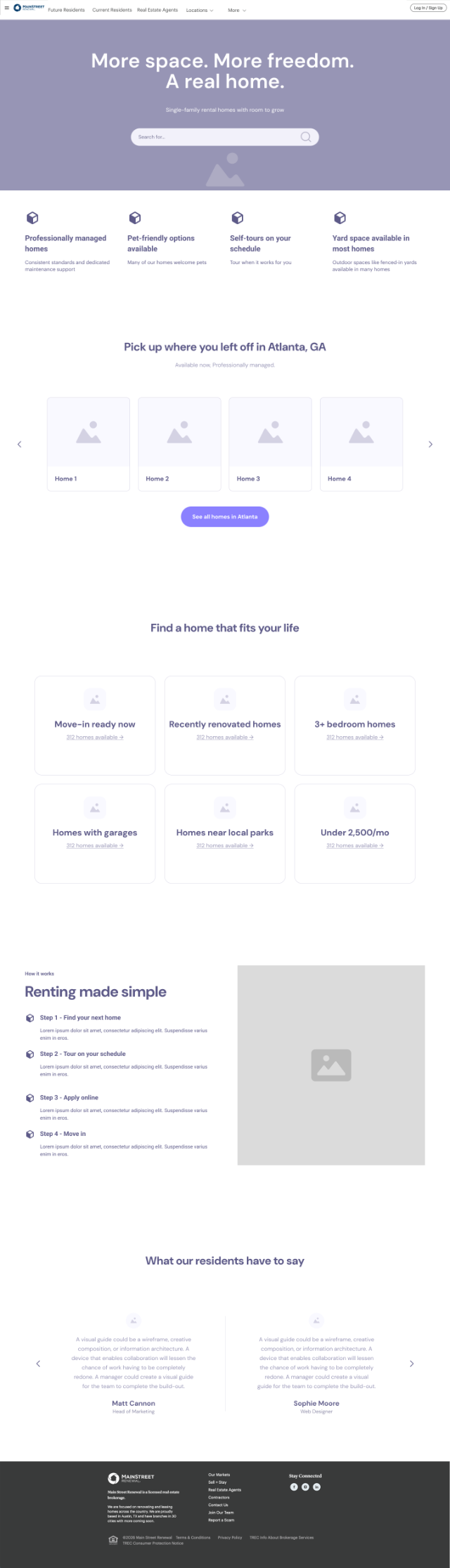 Higher-effort homepage wireframe: the same search-led hero and benefit row, then homes near a detected market, an explore by city carousel with per-city home counts, a results in numbers band, and resident testimonials.