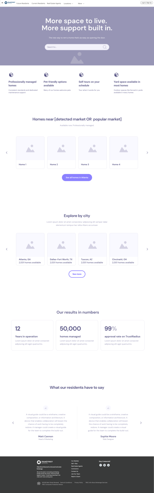 Lower-effort homepage wireframe: a hero with a headline about more space and a search field, a four-item benefit row, a location-aware carousel of available homes with a see all homes call to action, an intent-led browse grid, a four-step renting explainer, and resident testimonials.