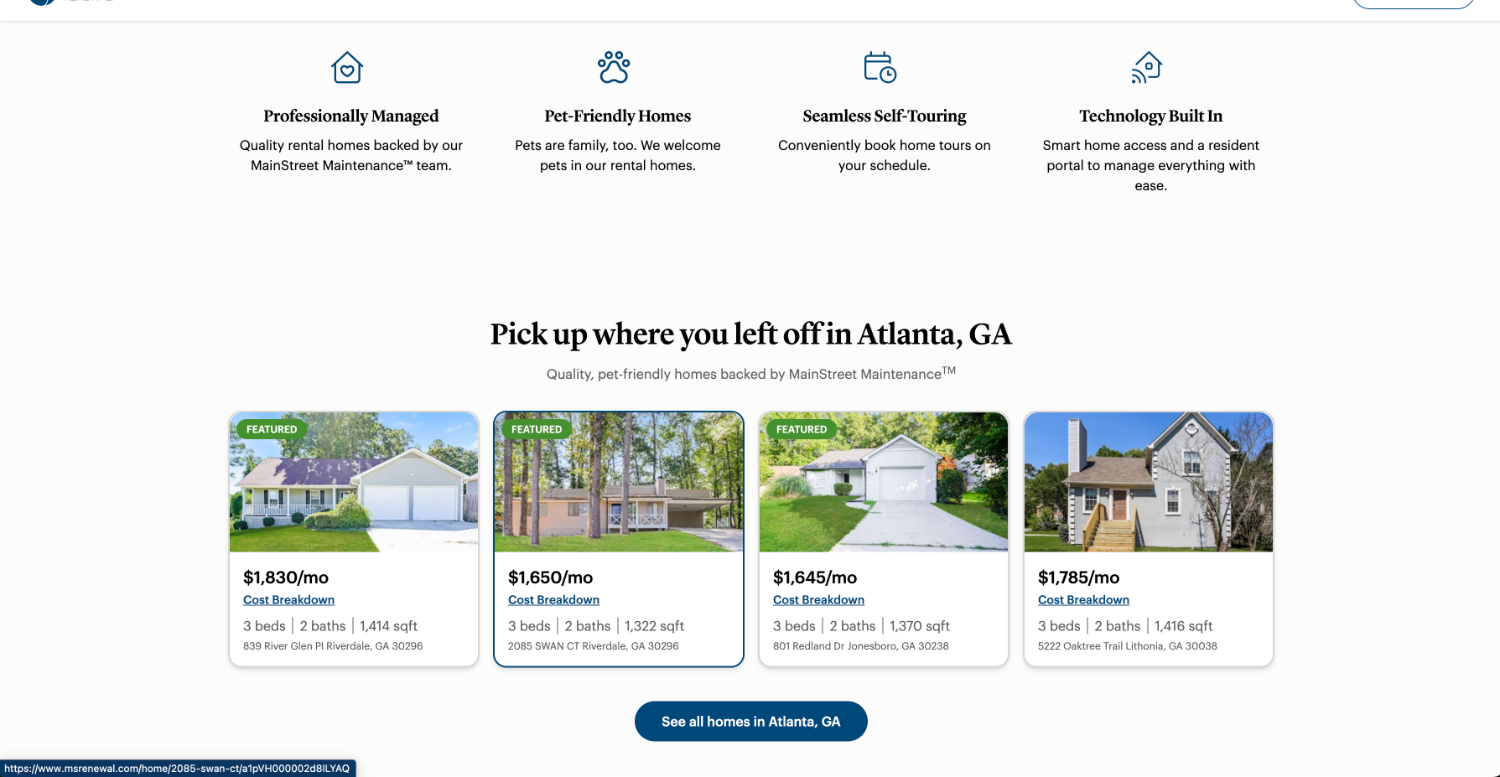 Launched homepage further down: a trust row covering professional management, pet-friendly homes, self-touring, and built-in technology, followed by a location-aware row of four available homes with prices, bedroom counts, square footage, and addresses, above a see all homes in this city button.