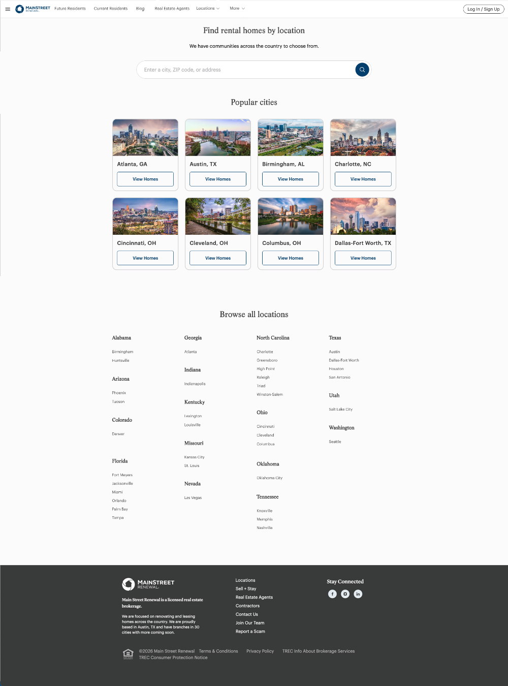 Locations page concept: a location search field at the top, then a grid of eight popular city cards each with a view homes button, then a browse all locations directory organised alphabetically by state.
