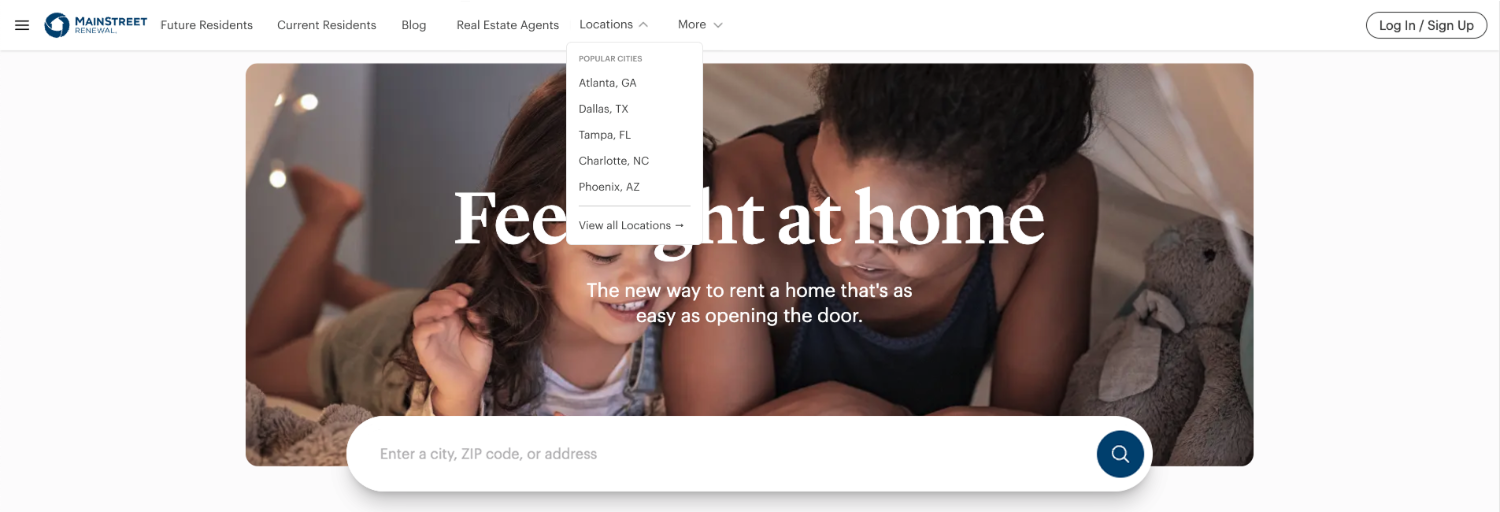 Primary navigation concept with the Locations menu open, showing five popular cities above a view all locations link, over a homepage hero with a prominent city, ZIP code, or address search field.