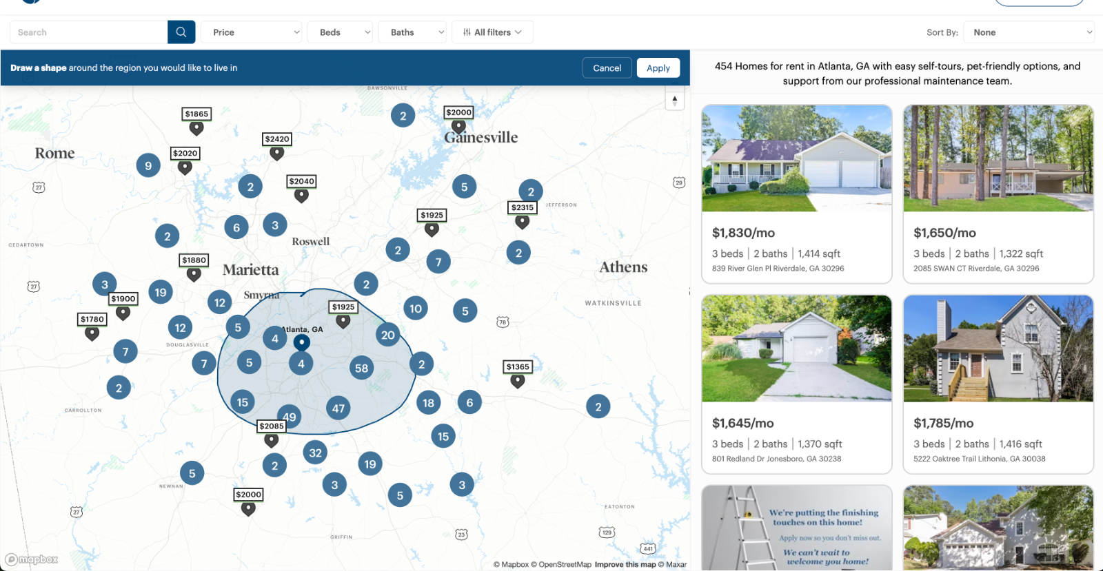 Client-built proof of concept: a search results view with a banner instructing the visitor to draw a shape around the region they would like to live in, an irregular hand-drawn boundary enclosing clustered home counts on the map, and a results rail stating four hundred and fifty-four homes for rent with property cards.