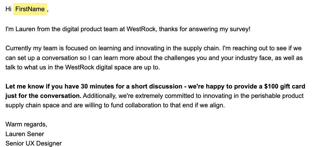 Crop of the recruitment email sent to survey respondents, inviting them to a 30-minute conversation about supply-chain challenges, with the recipient name shown as a merge field.