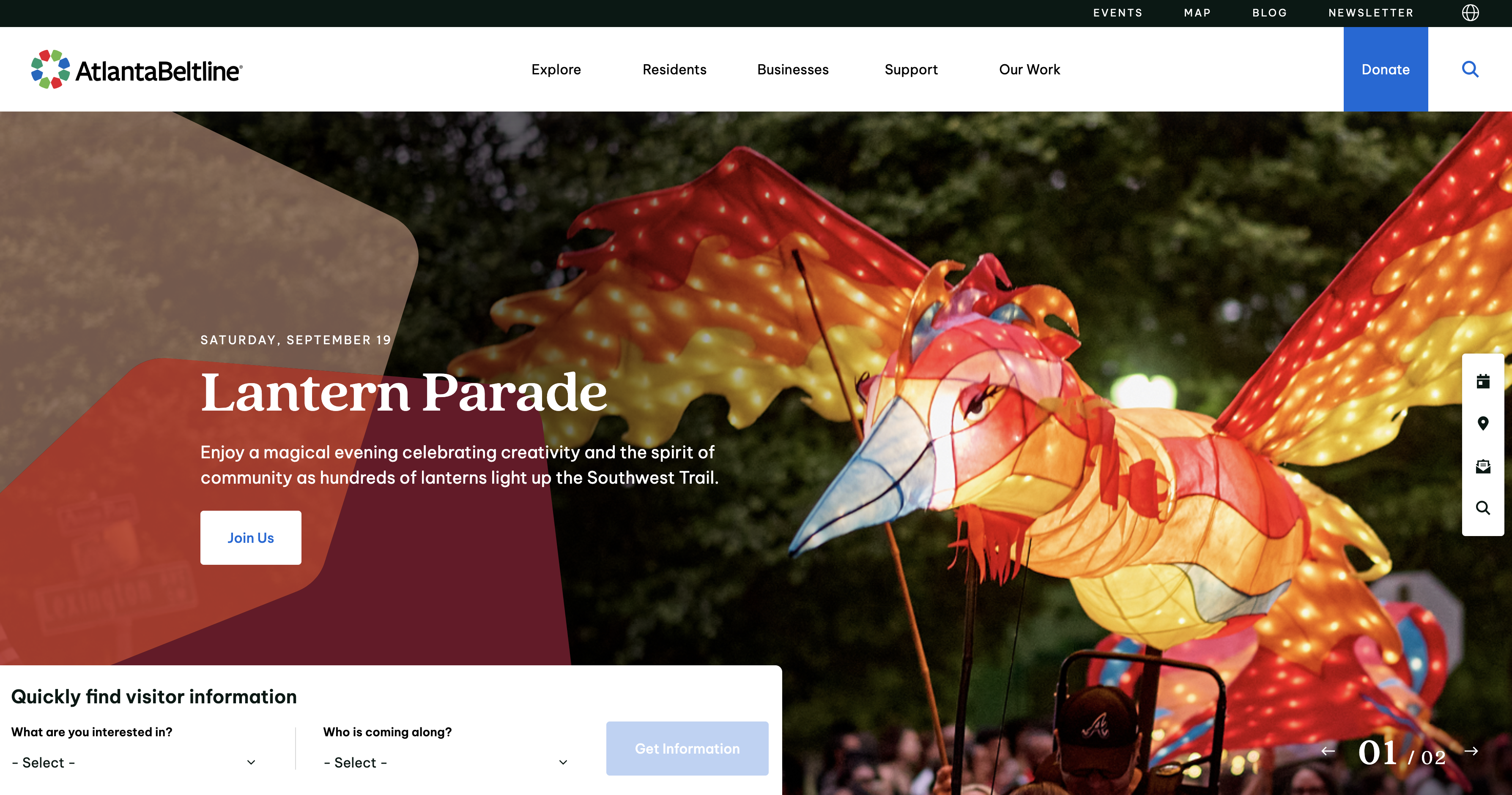 beltline.org homepage today: primary navigation reading Explore, Residents, Businesses, Support and Our Work above a Lantern Parade event hero, with a ‘Quickly find visitor information’ panel below