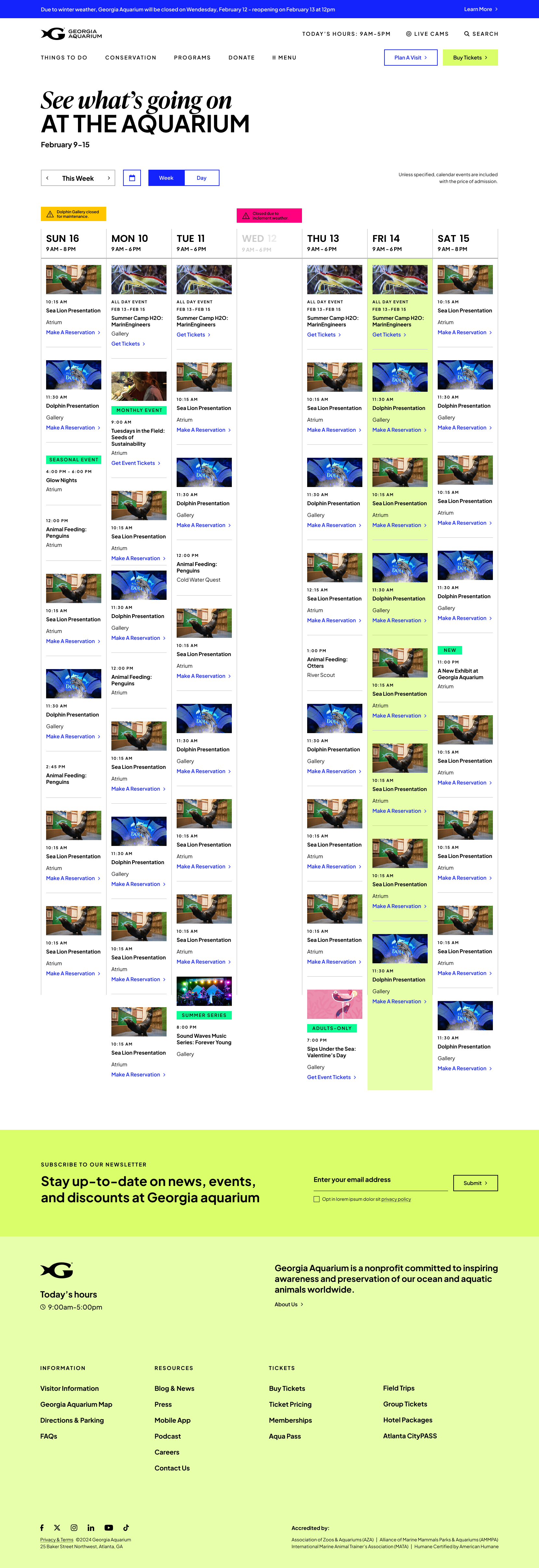 Georgia Aquarium's launched weekly schedule showing daily presentations and events