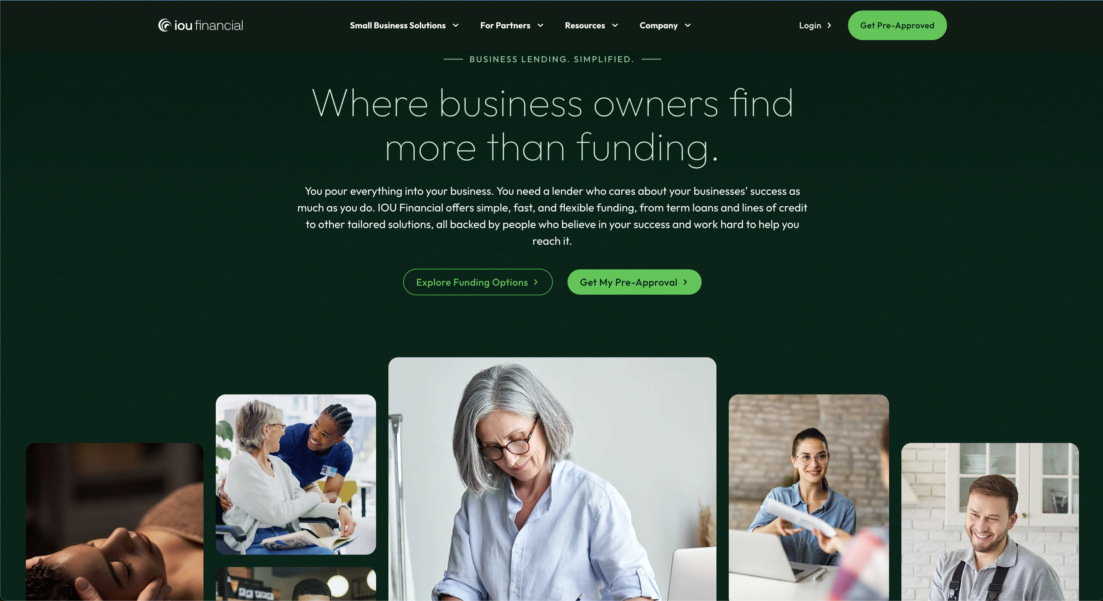 IOU Financial homepage after the redesign launched, reading 'Where business owners find more than funding'