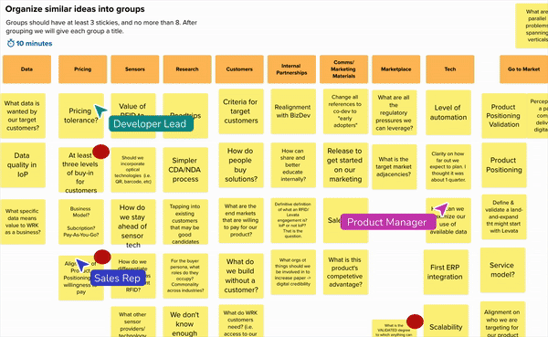 Animated recording of a Mural board where sticky notes are grouped into research themes for Smurfit Westrock